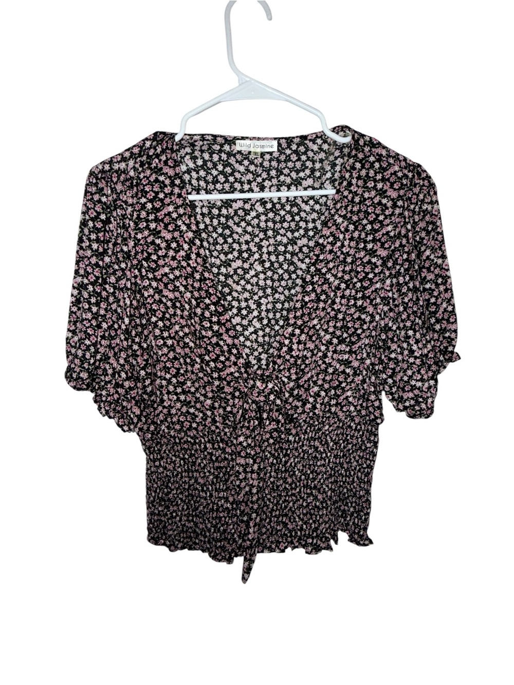 Jasmine Black and Pink Floral Tie-Front Smocked Blouse